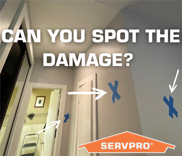 A home with signs of water damage with arrows pointing to the damage. Servpro logo bottom right with text above.